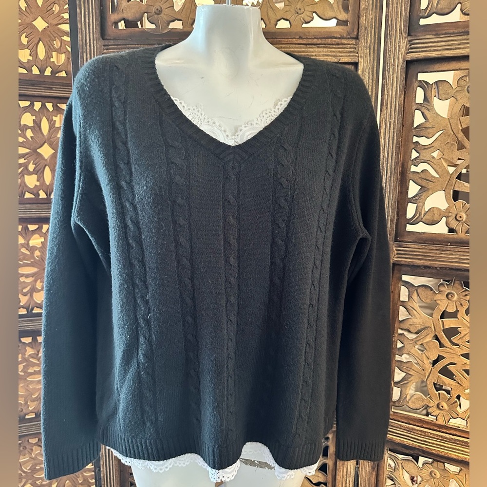 Larry Levine Classic Black Cable Knit Sweater w/ Lace Trim Details.